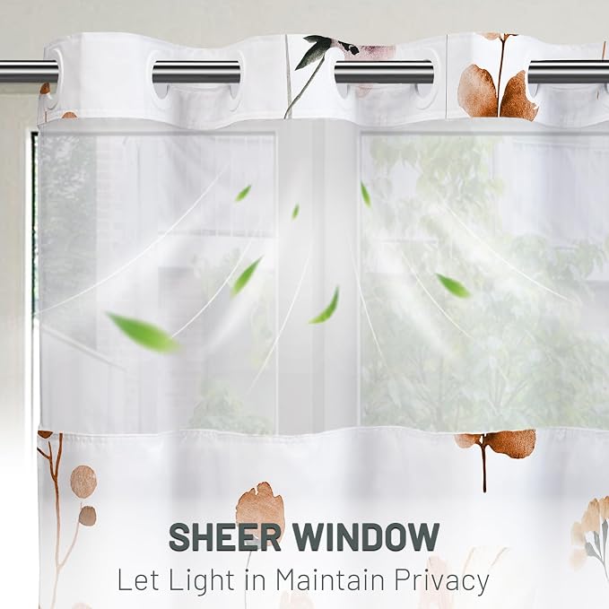 No Hook Floral Shower Curtain with Liner, Burnt-Orange, 71x74 | Snap in Liner, 3 in 1, Water Repellent, Easy Install, Machine Washable, Hotel Style for Bathroom, Watercolor Pattern