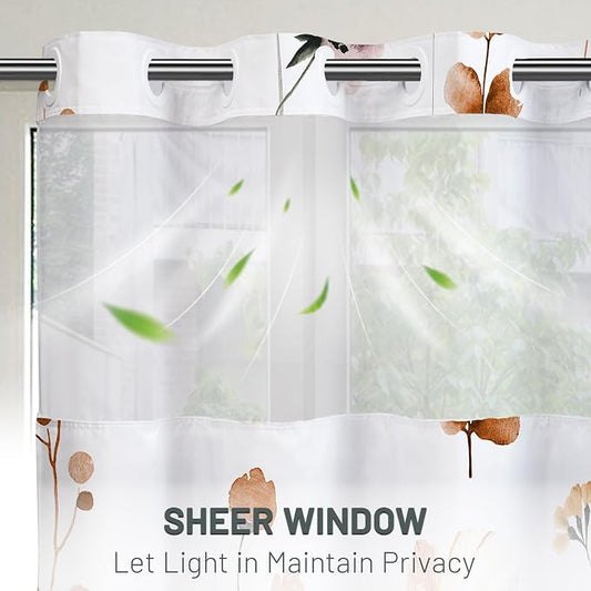 No Hook Floral Shower Curtain with Liner, Burnt-Orange, 71x74 | Snap in Liner, 3 in 1, Water Repellent, Easy Install, Machine Washable, Hotel Style for Bathroom, Watercolor Pattern