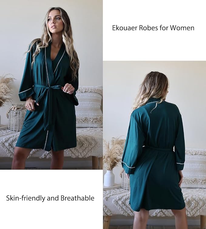 Ekouaer Women Kimono Robes Knee Length Knit Bathrobe Lightweight Soft Sleepwear V-neck Casual Ladies Loungewear
