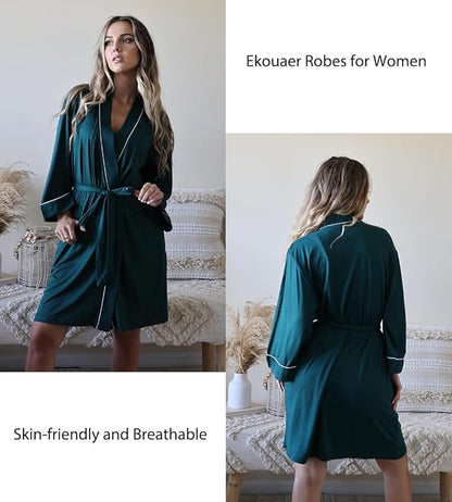 Ekouaer Women Kimono Robes Knee Length Knit Bathrobe Lightweight Soft Sleepwear V-neck Casual Ladies Loungewear