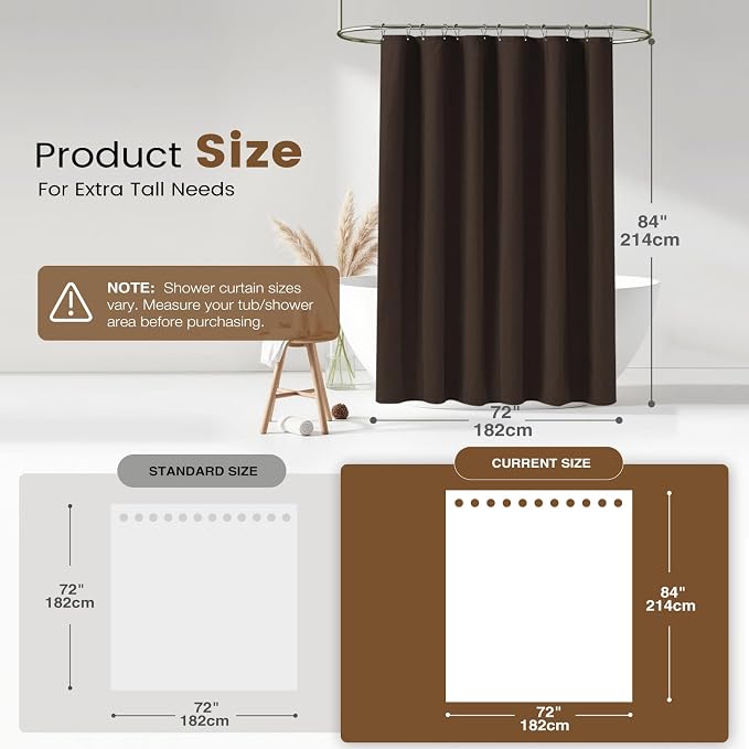 BTTN 72x84 Tall 3 in 1 Linen Texture Cloth Shower Curtain with Liner, Brown | Long Size, 230GSM Heavy Duty Polyester, Waterproof Clear Liner, Weighted Hem, 12 Plastic Hooks, Hotel Style, Machine Washable