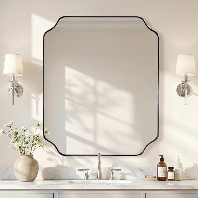 30x36 Inch Chrome Bathroom Mirror, Polished Nickel Vanity Mirror, Scalloped Mirror in Anti-Rust Stainless Steel Metal Thin Frame, Unique Rounded Notched Corners, Vertically/Horizontally