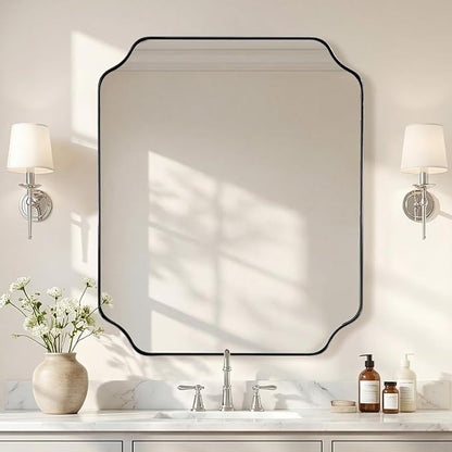 30x36 Inch Chrome Bathroom Mirror, Polished Nickel Vanity Mirror, Scalloped Mirror in Anti-Rust Stainless Steel Metal Thin Frame, Unique Rounded Notched Corners, Vertically/Horizontally