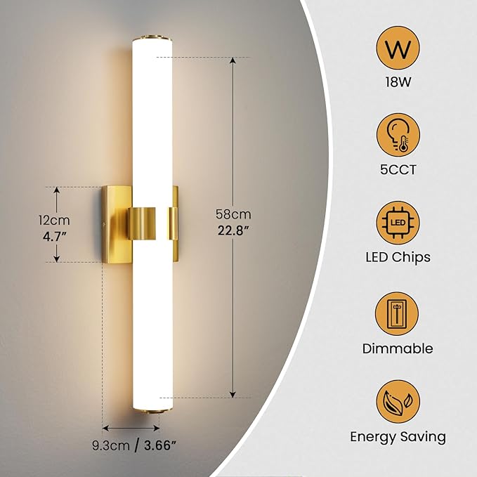 Bathroom Vanity Light Fixtures Over Mirror - 22.8 Inch Gold Bathroom Light Fixtures with Acrylic Shade 18W Dimmable 5CCT LED Vanity Light Modern Bathroom Sconces