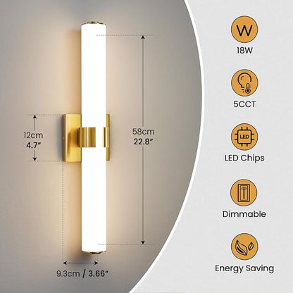 Bathroom Vanity Light Fixtures Over Mirror - 22.8 Inch Gold Bathroom Light Fixtures with Acrylic Shade 18W Dimmable 5CCT LED Vanity Light Modern Bathroom Sconces