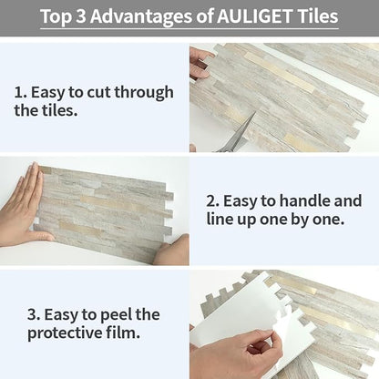 AULIGET 2 Sheets Faux Stone Peel and Stick Backsplash, Beige Marble Look PVC Wall Tile Stick on Backsplash for Kitchen and Bathroom