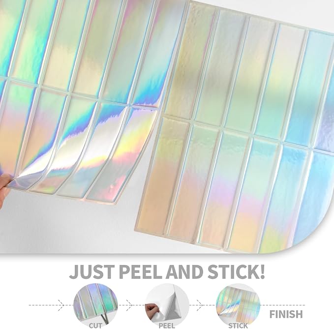 Peel and Stick Backsplash 3D Wall Tiles,Self-Adhesive,Oil Proof,Waterproof, Removable Wall Panels for Kitchen & Bathroom,Modern Design, Easy Install (10.7ft，12x9 inch,14 Pack) (Iridescent)