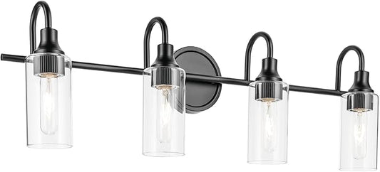 Kichler Kavi 31.5" 4-Light Vanity Light with Clear Glass in Black, Damp Rated, for Bathroom, Powder Room, Over a Mirror, (31.5" W x 10" H), 55212BK