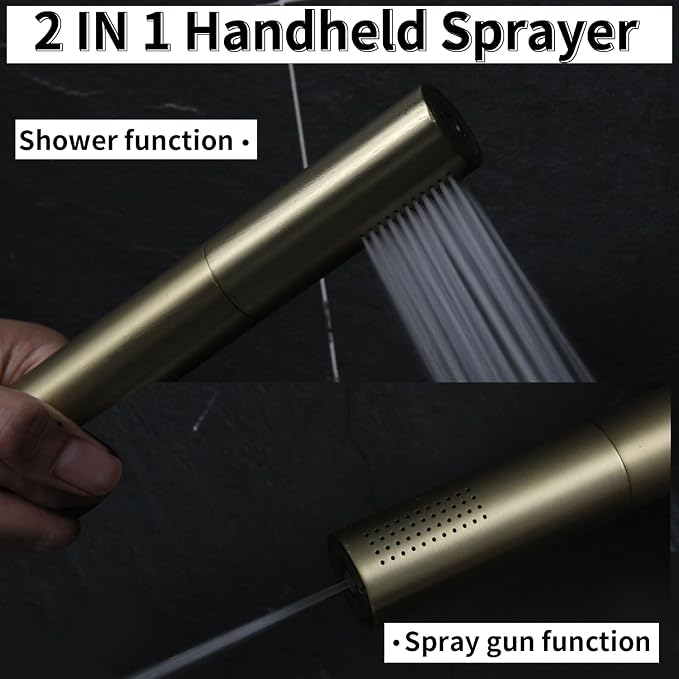 AYIVG Brushed Gold Finish Round Brass 2 In 1 Function High Pressure Handheld Shower Head Sprayer Hand Shower Wand with 59 Inch Hose For Bathroom Shower System
