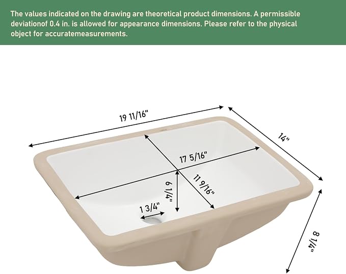 20x14 Inch White Rectangle Undermount Bathroom Sink | Interior Bowl Size 18"W x 12"D, Ceramic, Curved Bottom, Easy to Clean, with Overflow, Ideal for Bathroom, Lavatory