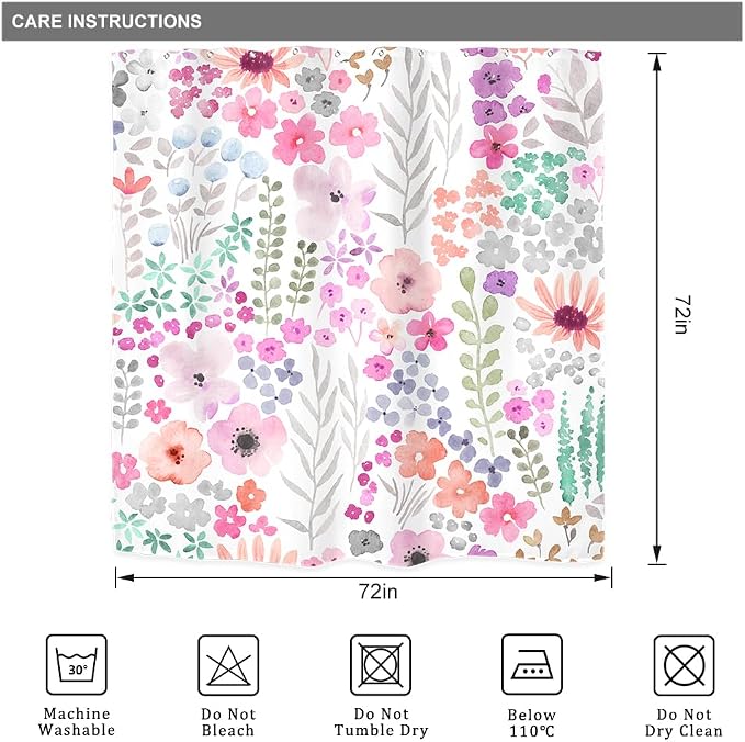 Hot Pink Floral Purple Colorful Cute Funny Art Bathroom Shower Curtain Set | 72"W x 72"H Botanical Leaves; waterproof HD print, quick-dry fabric with 12 hooks for easy hanging.