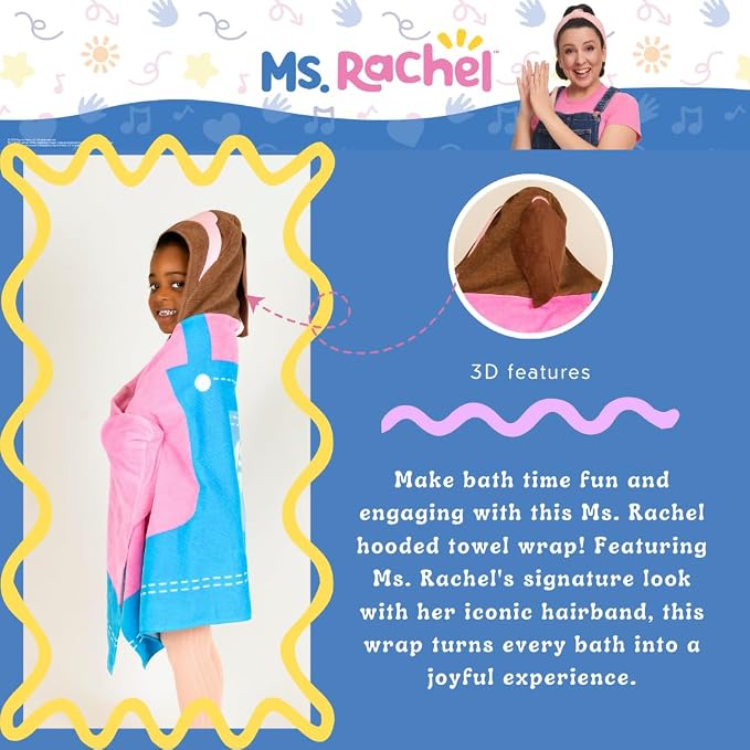 Ms. Rachel Kids Super Soft Bath/Pool/Beach Soft Cotton Terry Hooded Towel Wrap, 24 in x 50 in, (Officially Licensed Product) By Franco