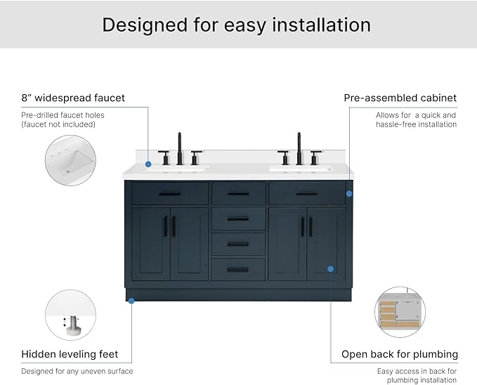ARIEL Hepburn 60-inch Bathroom Vanity with Sink,Solid Wood, 1.5-inch Pure White Quartz Countertop, Double Rectangular Porcelain Sink, 4 Soft Closing Doors, 6 Dovetail Drawers, Midnight Blue