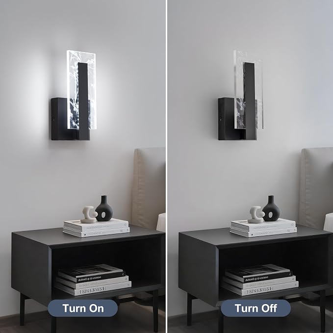 Modern LED Acrylic Black Wall Sconce, 6000K Cool White Bathroom Wall Sconces Set of 2, Hardwired Wall Mount Light Fixtures, 8W Indoor Wall Light Fixtures for Living Room Corridor Bedside