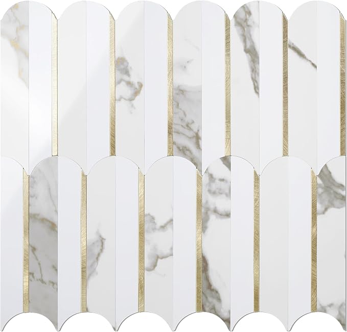 Vamos Tile Peel and Stick Backsplash Seamless Tile,Fish Scale,Glossy,10 pcs | 11.9''x10.8'',White & Gold Marble PVC+Light Gold Stick on Backsplash Tile for Kitchen & Bathroom & Laundry & Camper