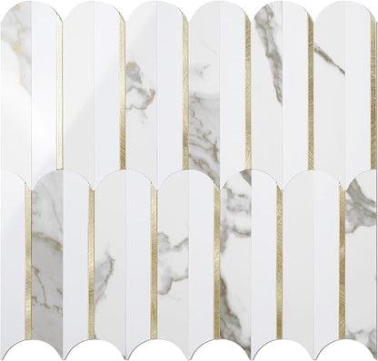 Vamos Tile Peel and Stick Backsplash Seamless Tile,Fish Scale,Glossy,10 pcs | 11.9''x10.8'',White & Gold Marble PVC+Light Gold Stick on Backsplash Tile for Kitchen & Bathroom & Laundry & Camper