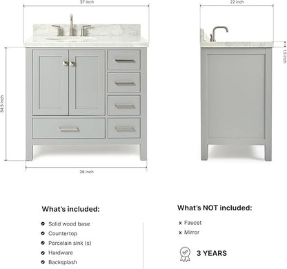 ARIEL Cambridge 36-inch Bathroom Vanity with Sink,Solid Wood, 1.5-inch Italian Carrara Marble Countertop & Backsplash, Single Oval Porcelain Sink, 2 Soft Closing Doors, 5 Dovetail Drawers, Grey