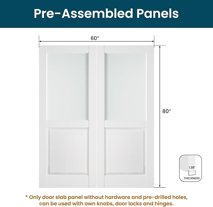 SMARTSTANDARD 60" x 80" Frosted Glass Interior Door Slab, Solid Core | Pre-Assembled French Slab Door for Pantry Laundry Closet Bathroom, without Hardware, White Primed, Paintable Surface
