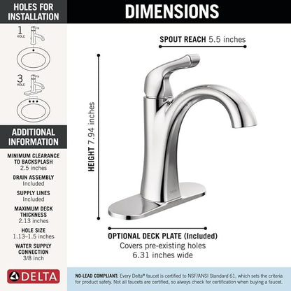 Delta Faucet Arvo Single Hole Bathroom Faucet, Single Handle Bathroom Faucet Chrome, Bathroom Sink Faucet, Drain Assembly Included, Chrome 15840LF