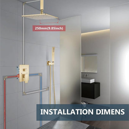 Aolemi Ceiling Shower Faucet Set with Handheld 10" LED Head Brushed Gold | Handheld Spray,10 Inch Rain LED Head,Shower Valve and Trim Kit,All Metal,Ceiling System,Bathroom Mixer