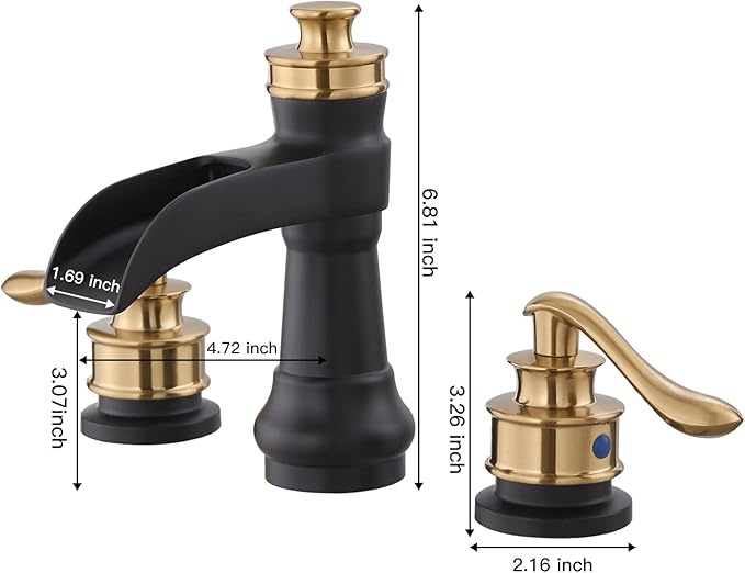 BWE Black and Gold Widespread Bathroom Faucet 3 Hole 8 Inch 2 Handles Commercial Bathroom Sink Faucet with Brass Pop Up Drain Stopper and Supply Lines Bath Vanity Lavatory Mixer Tap