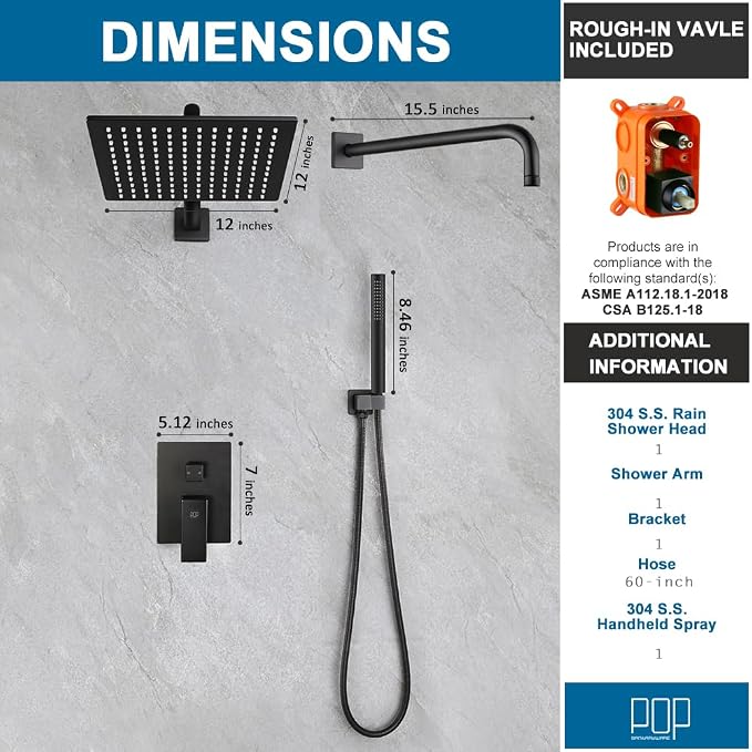 Matte Black Shower Faucet Set Rainfall 12 Inch Shower Head and Handle Set Bathroom Rain Shower System Wall Mounted Shower Fixture Include Shower Valve and Trim Kit