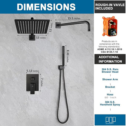 Matte Black Shower Faucet Set Rainfall 12 Inch Shower Head and Handle Set Bathroom Rain Shower System Wall Mounted Shower Fixture Include Shower Valve and Trim Kit