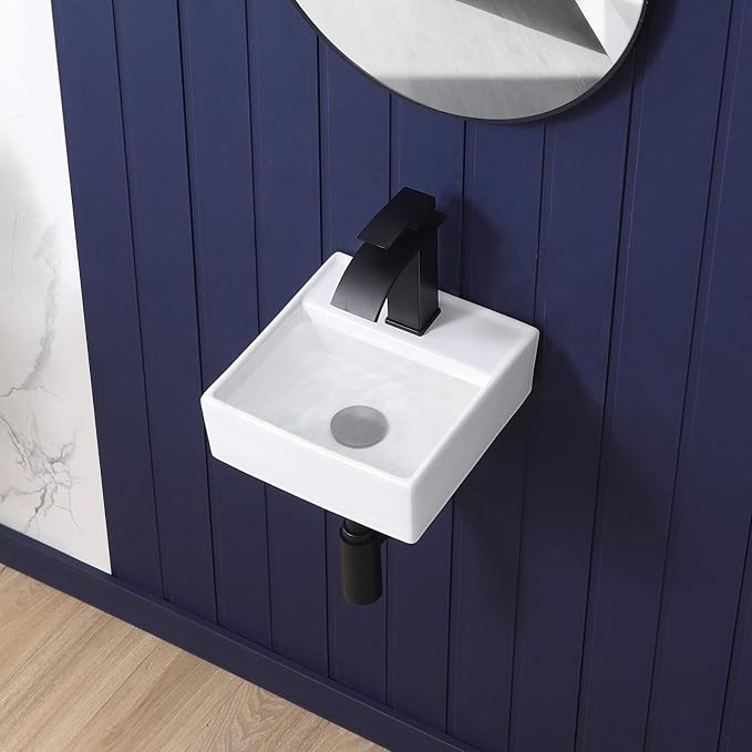 Small Vessel Sink 11"x12" Wall Mount Bathroom Sink Wall Mounted Rectangular Wall Hung Mini White Porcelain Ceramic Floating Tiny Sink,Easy Install, Durable, Space-Saving, Ideal for Home,RV