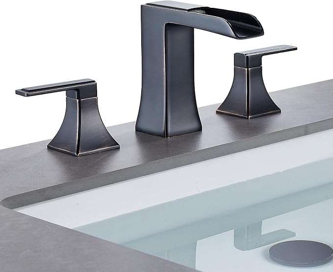Oil Rubbed Bronze Bathroom Faucet, Sanliv 2-Handle Widespread Bathroom Faucet for 3-Hole Sinks 4-16 inch, Bronze Waterfall Vanity Faucet with Pop-Up Drain (ORB)