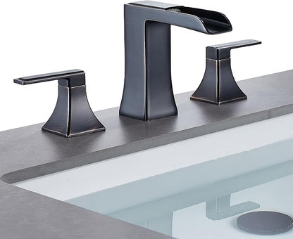 Oil Rubbed Bronze Bathroom Faucet, Sanliv 2-Handle Widespread Bathroom Faucet for 3-Hole Sinks 4-16 inch, Bronze Waterfall Vanity Faucet with Pop-Up Drain (ORB)
