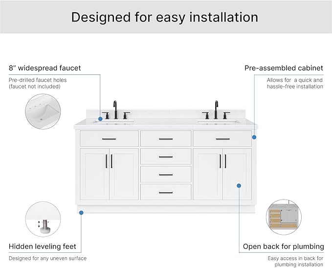 ARIEL Hepburn 72-inch Bathroom Vanity with Sink,Solid Wood, 1.5-inch Carrara White Quartz Countertop & Backsplash, Double Rectangular Porcelain Sink, 4 Soft Closing Doors, 6 Dovetail Drawers, White