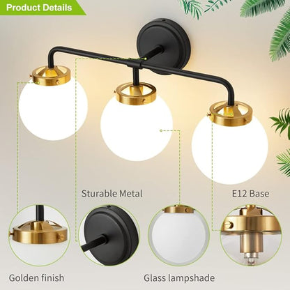 Black Gold Bathroom Light Fixtures Above Mirror, Modern Vanity Lighting with White Glass Globe Shade 3-Light Farmhouse Wall Sconce