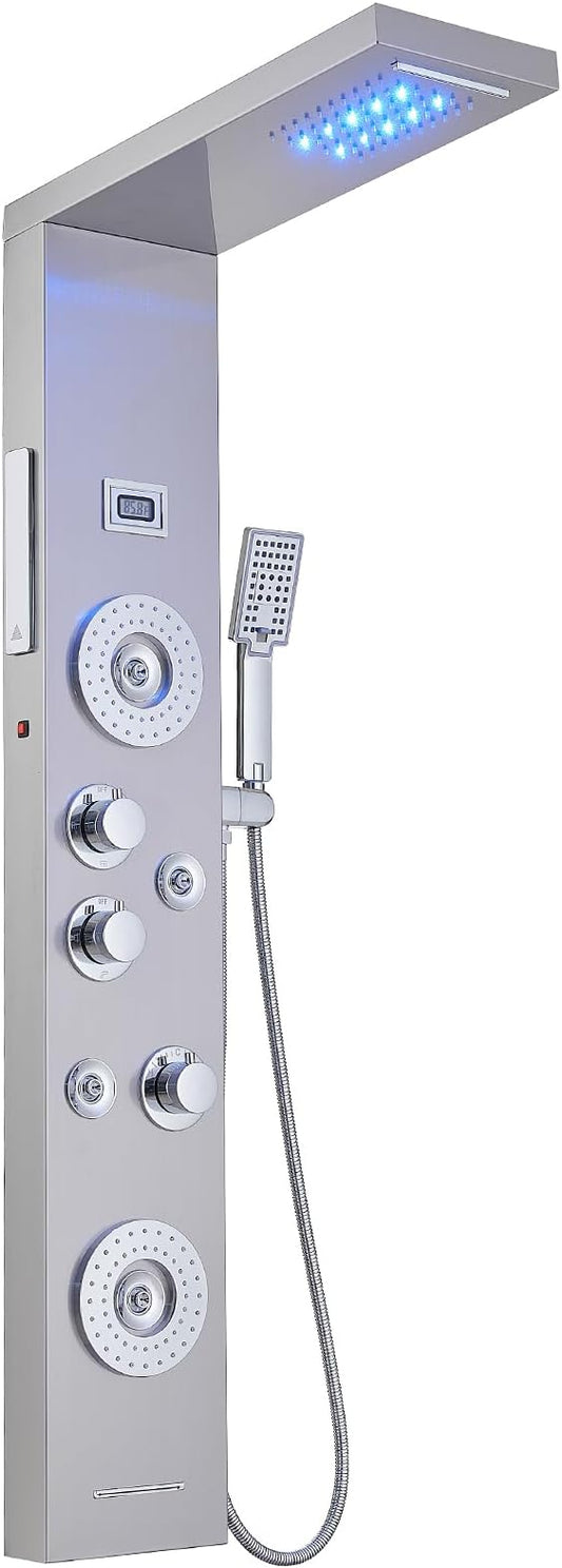 6 in 1 Shower Panel Tower System, Rainfall Shower Tower Systems w/LED and Digital Display Stainless Steel Shower Panels with Waterfall Tub Spout Massage Jets Handheld Head Nickel and Chrome