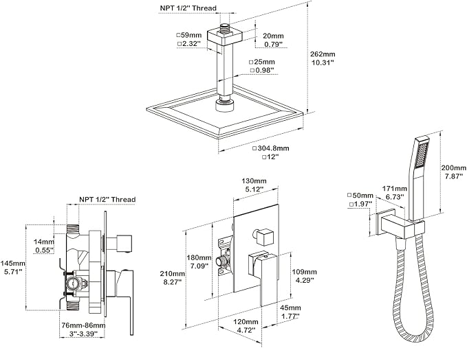 Shower System 12 Inches Rain Shower Combo Set Chrome Ceiling Mount Shower Faucet Bathroom Faucets with Rainfall Shower Head and Hand Shower