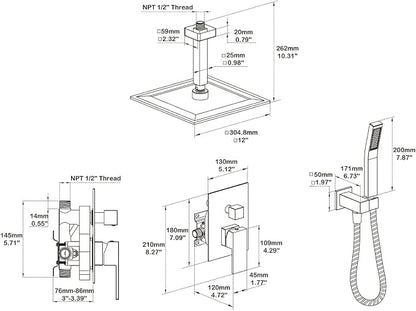 Shower System 12 Inches Rain Shower Combo Set Brushed Gold Ceiling Mount Shower Faucet Bathroom Faucets with Rainfall Shower Head and Hand Shower