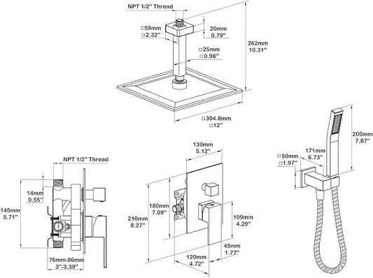 Shower System 12 Inches Rain Shower Combo Set Brushed Gold Ceiling Mount Shower Faucet Bathroom Faucets with Rainfall Shower Head and Hand Shower