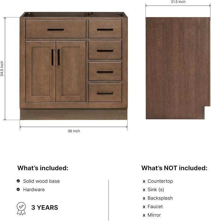 ARIEL Hepburn 36-inch Bathroom Vanity Base Cabinet,Solid Wood, 2 Soft Closing Doors, 5 Dovetail Drawers, Brown Oak