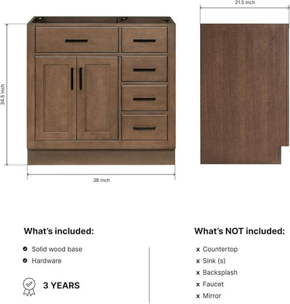 ARIEL Hepburn 36-inch Bathroom Vanity Base Cabinet,Solid Wood, 2 Soft Closing Doors, 5 Dovetail Drawers, Brown Oak