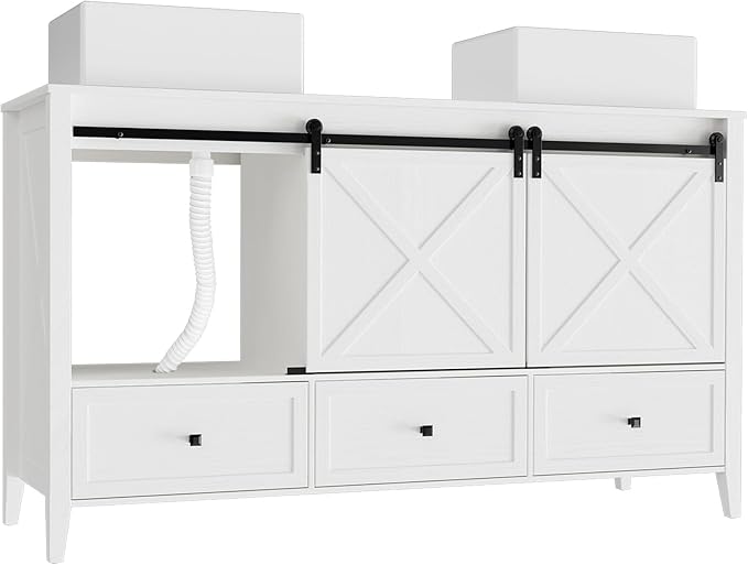 VNN Bathroom Vanity with Sink - 60 Inch Bathroom Vanity Double Sink Ceramic, Freestanding Cabinet with 2 Farmhouse Sliding Barn Doors and 5 Drawers, Space-Saving Storage Cabinet, White Wood Grain