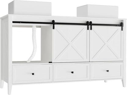 VNN Bathroom Vanity with Sink - 60 Inch Bathroom Vanity Double Sink Ceramic, Freestanding Cabinet with 2 Farmhouse Sliding Barn Doors and 5 Drawers, Space-Saving Storage Cabinet, White Wood Grain