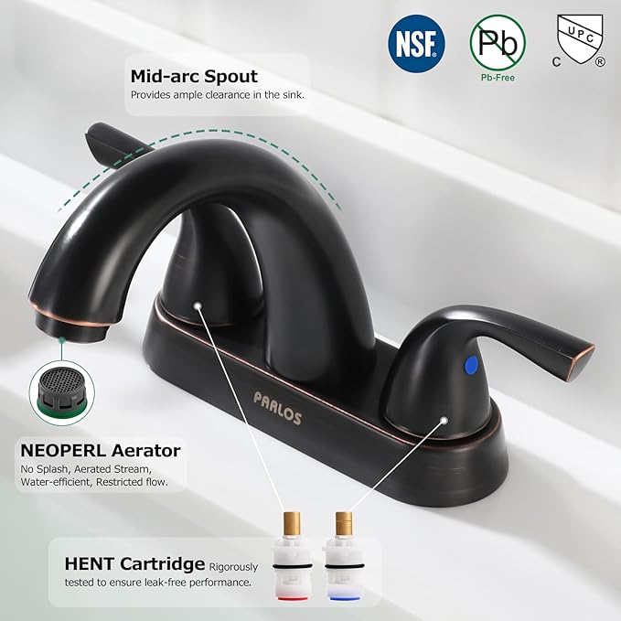 PARLOS Two-Handle Bathroom Sink Faucet with Metal Drain Assembly and Supply Hose Lead-Free cUPC Mixer Double Handle Tap Deck Mounted Oil Rubbed Bronze, 13597