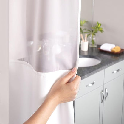 Hookless It’s A Snap! Waffle Shower Curtain, 3-in-1 Curtain Includes Fabric Shower Curtain with Sheer Top Window, Flex-On Rings & Fabric Liner with Magnets, 71” x 74”, White