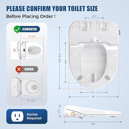 Bidet Toilet Seat, Electric Smart Heated Toilet Seat, Feminine & Front Rear Wash, Instant Warm Water & Dryer, Self-Clean Nozzle, Soft Closed Toilet Lid, Wireless Remote Night Light Elongated