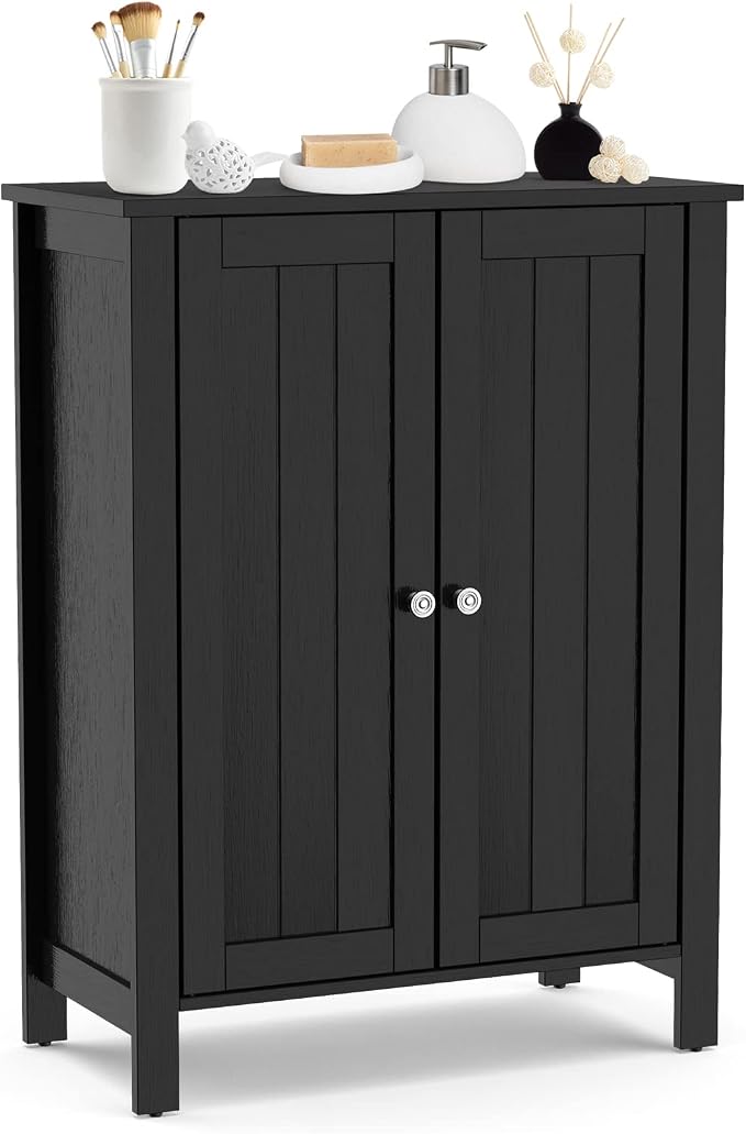 COSTWAY Bathroom Floor Cabinet - Freestanding Side Storage Organizer with Double Doors & Adjustable Shelf, Wooden Storage Cabinet for Living Room, Bedroom, Kitchen, Entryway (Black) | with Double Doors & Adjustable Shelf, Wooden Storage Cabinet for Liv...