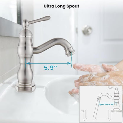 gotonovo Bathroom Faucet 1 Hole Vintage,Brushed Nickel,5.9” Spout Reach | Bathroom Sink Faucet for 1 or 3 Hole Single Handle,Deck Plate,360° Swivel Spout,Pop Up Drain,cUPC Supply Hoses,for Vanity RV