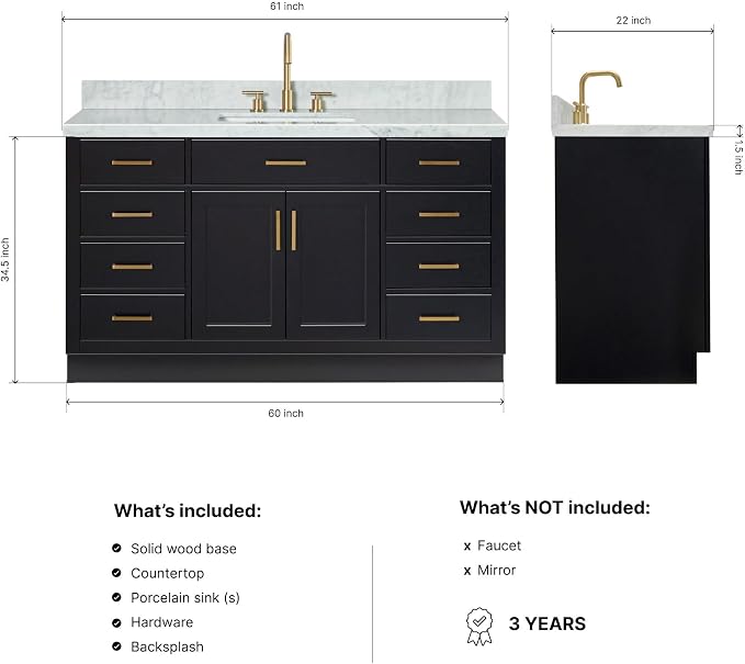 ARIEL Hepburn 60-inch Bathroom Vanity with Sink,Solid Wood, 1.5-inch Italian Carrara Marble Countertop, Single Rectangular Porcelain Sink, 2 Soft Closing Doors, 9 Dovetail Drawers, Black