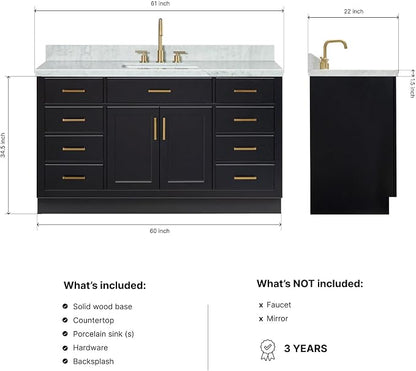 ARIEL Hepburn 60-inch Bathroom Vanity with Sink,Solid Wood, 1.5-inch Italian Carrara Marble Countertop, Single Rectangular Porcelain Sink, 2 Soft Closing Doors, 9 Dovetail Drawers, Black
