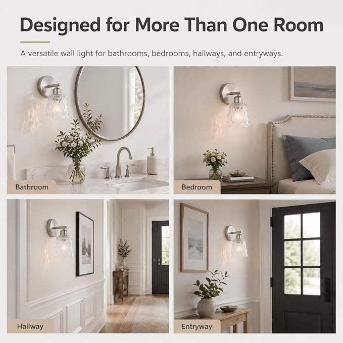 Brushed Nickel Bathroom Light Fixture, 1-Light Modern Vanity Wall Sconce with Textured Glass Shade, Stainless Steel Construction, E26 Socket (Bulb Not Included)