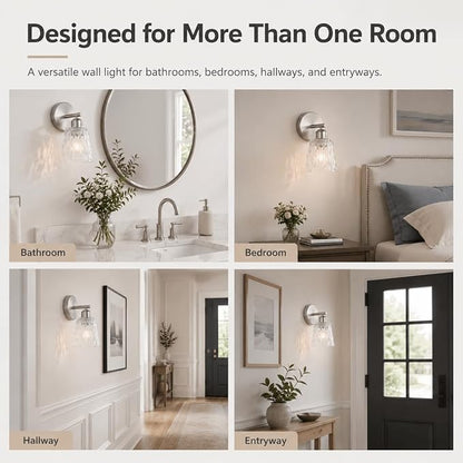 Brushed Nickel Bathroom Light Fixture, 1-Light Modern Vanity Wall Sconce with Textured Glass Shade, Stainless Steel Construction, E26 Socket (Bulb Not Included)