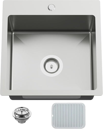 18x18 In Drop In Kitchen And Bar Sink- Stainless Steel Drop In Kitchen Sink Modern Single Bowl Topmount Bar Sink With Silicon Mat,Drain Strainer Set Compatibility With Various Kitchen & Bar Style